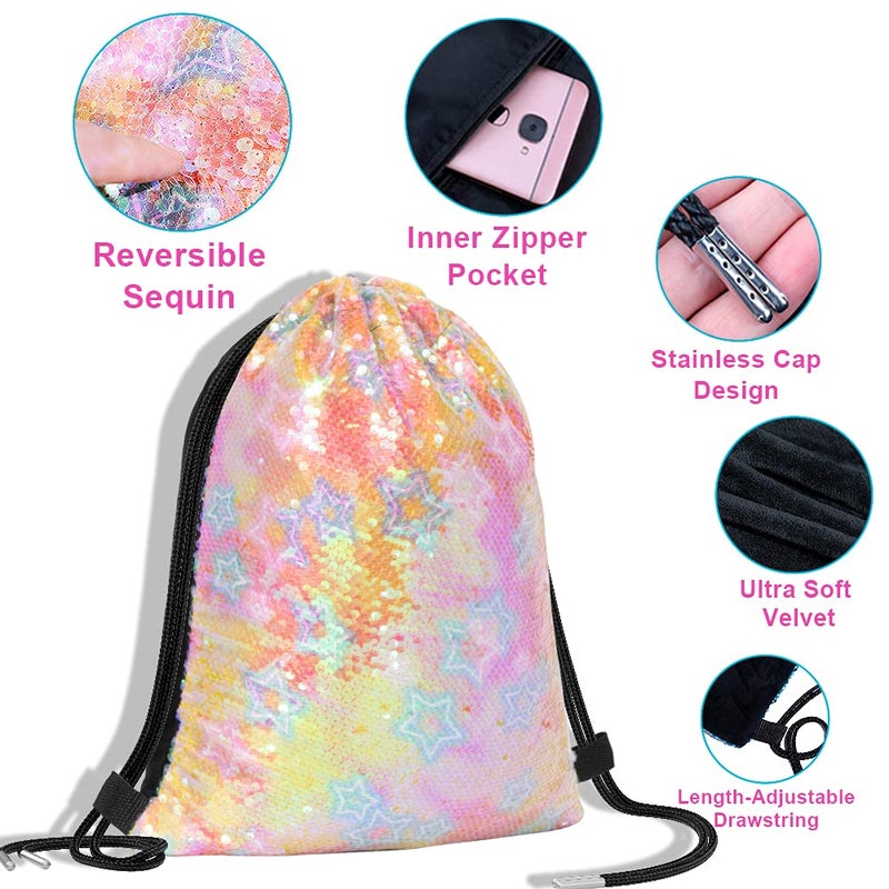 GA&EN Mermaid Reversible Sequin Drawstring Backpack/Bag Clear Iridescent Sequin+ Star Shape Spotted Fabric for Kids Girls One_Size - Image 4